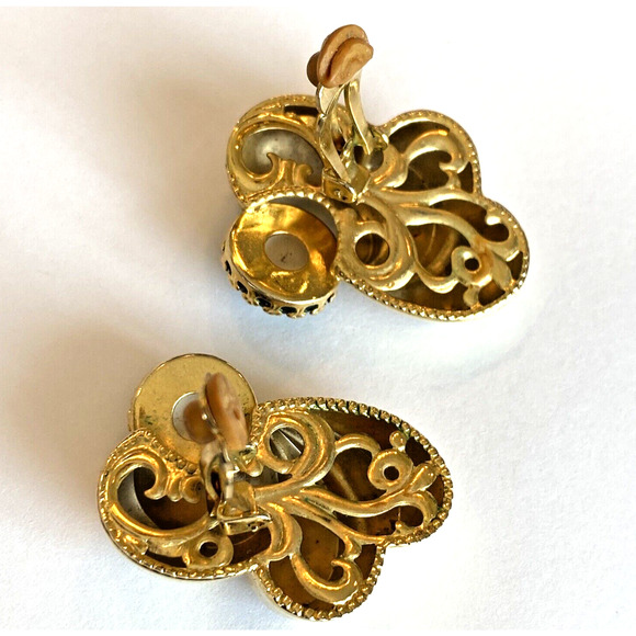 Vintage Mid Century Clip On Earrings Goldtone & Green Stone Statement Jewelry - Picture 7 of 8